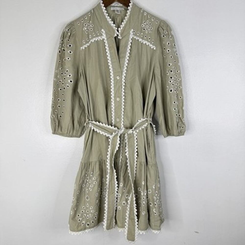 Christian Lacroix Beige Eyelet Scallop Dress L V-Neck Puff Sleeve Belted